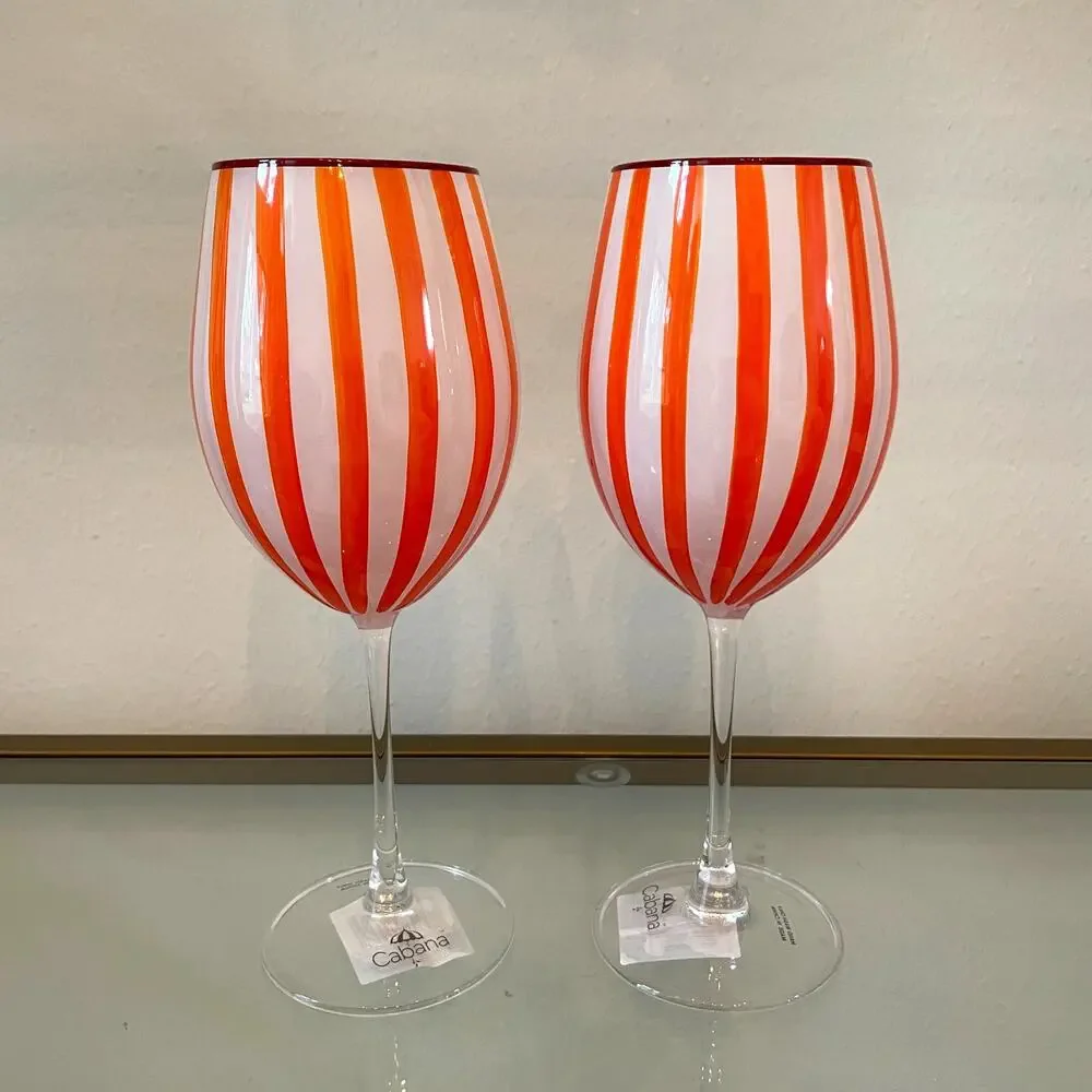 Cabana Orange Striped Wine Goblet Glass Set of 2 Holiday NEW